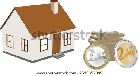 Illustration representing the concept of real estate investment with a house and euro coins