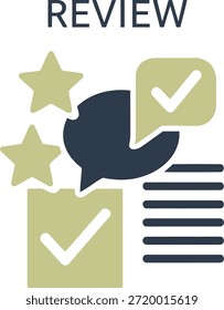 Eine Abbildung, die Kundenbewertungen, Feedback und Zufriedenheit darstellt. Es verfügt über zwei hellgrüne Sterne, eine dunkelblaue Sprechblase mit einem Häkchen in einer hellgrünen Form und einen Stapel horizontaler Linien, die ein Dokument oder eine Liste symbolisieren. Das Wort 'REVIEW' wird oben hervorgehoben angezeigt.