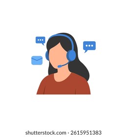 Illustration representing customer support through a service representative wearing a headset surrounded by communication icons.