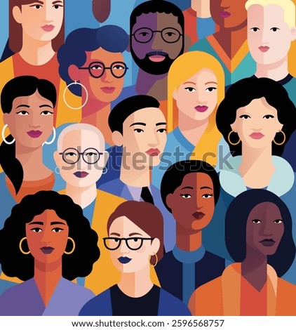 Illustration representing diverse group crowd of people from various backgrounds and cultures. Representing inclusion, unity, equality and diversity in a modern, stylized design.