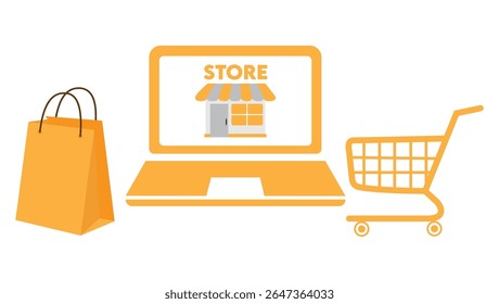 Illustration representing e-commerce and online business concepts, featuring shopping carts, digital storefronts, payment methods, and global connectivity. Perfect for online retail, digital marketing