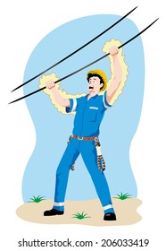 Illustration representing an employee receiving an electric discharge in a high-voltage grid due to an accident at work. 