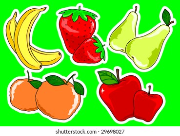 Illustration representing five pairs of different colored fruits on a green background