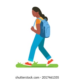Illustration representing a girl student walking and carrying backpack with correct weight. Suitable for educational and institutional materials. Smiling schoolgirl or cheerful student with backpack. 