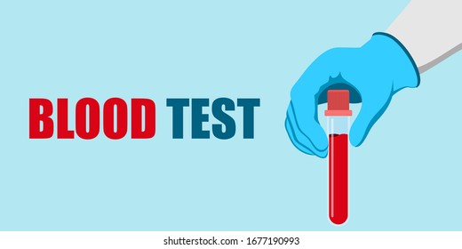 Illustration Representing A Hand Holding A Vial Of Blood For  Examination, Collected To Do A Battery Of Laboratory Tests. Medical Background. Laboratory Research. Vector Illustration Flat Design. 