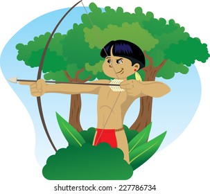 Illustration representing Indigenous Child of Brazilian culture, wielding a bow and arrow in the forest of Brazil.