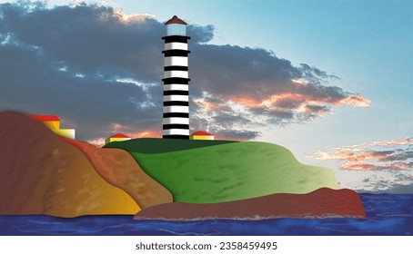 Illustration representing the lighthouse of the Abroglioos Islands, off the coast of Brazil, the lighthouse is a metal construction, arrived in pieces from Europe and assembled on site.