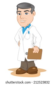 Illustration representing man in a lab coat, doctor, teacher or pharmacy with a clipboard 