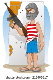 Illustration representing a masked criminal, and armed with a machine gun 