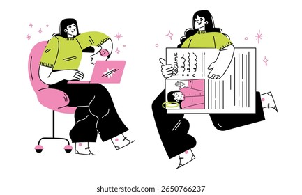 Uma ilustração representando um local de trabalho moderno com trabalhadores criativos envolvidos em suas tarefas
