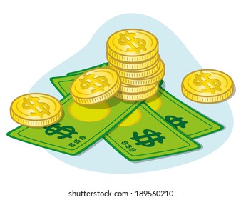 Illustration representing lot of money banknotes and coins. Ideal for institutional materials
