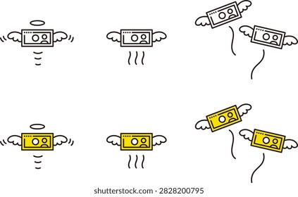 An illustration representing money, banknotes, squandering, and expenses. Covers outgoings, debt, and loans.