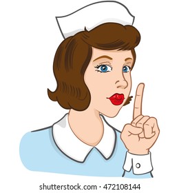 Illustration representing nurse brunette woman making silence sign. Ideal for catalogs, information and medical guides