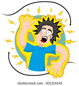 Illustration representing a person receiving an electrical discharge in an exposed electrical wire. Ideal for safety and information