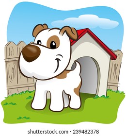Illustration representing a pet dog in the backyard with his little house