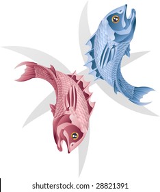 Illustration representing Pisces the fish star or birth sign. Includes the symbol or icon in the background