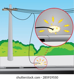 Illustration representing power grid with problems, broken wire and exposed, Ideal for training material, educational and institutional