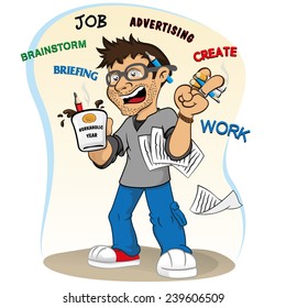 Illustration representing a professional mascot workaholic stressed and accelerated.
