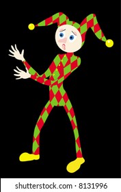 The illustration representing the scared harlequin in red-green clothes. The figure of a toy is isolated on a black background