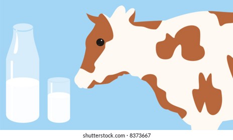 The illustration representing the spotty cow on a blue background near to a bottle of milk and the filled glass