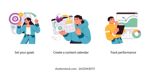 Illustration representing strategic marketing workflow: defining goals, planning content in a calendar, and tracking campaign performance data.