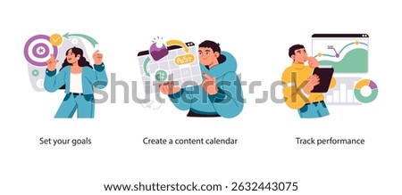Illustration representing strategic marketing workflow: defining goals, planning content in a calendar, and tracking campaign performance data.