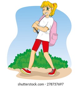 Illustration Representing A Student Girl Walking And Carrying Heavy Backpack. Suitable For Educational And Institutional Materials