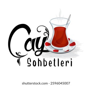 An illustration representing tea conversations. A tulip-shaped Turkish tea glass, red-patterned saucer, sugar cubes, and a decorative ‘Çay Sohbetleri’ text create a warm and inviting atmosphere