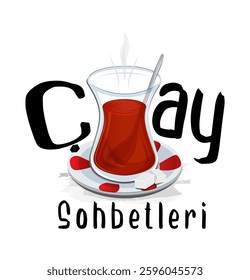 An illustration representing tea conversations. A tulip-shaped Turkish tea glass, red-patterned saucer, sugar cubes, and ‘Çay Sohbetleri’ text create a warm and inviting atmosphere