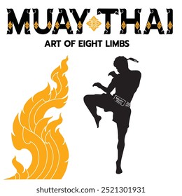 A illustration representing the traditional Thai martial art, Muay Thai. Featuring a silhouette of a Muay Thai fighter poised in a combat stance with a Kanok pattern, Thai motif pattern.