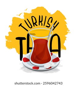 An illustration representing Turkish tea. A tulip-shaped glass, red-patterned saucer, sugar cubes, and a ‘Turkish Tea’ text in the background with a yellow brush effect complete the design