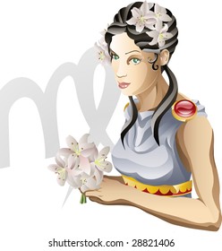Illustration representing Virgo the virgin star or birth sign. Includes the symbol or icon in the background
