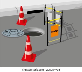 Illustration representing a work area around a manhole workplace
