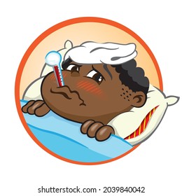 Illustration represents an afro-descendant child sick in bed with symptoms of fever and with a thermometer in the mouth. Ideal for educational and institutional materials