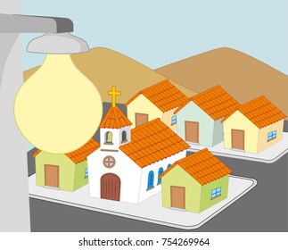 Illustration represents a block of houses with lighting. Ideal for training and institutional materials