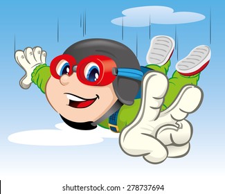 Illustration Represents A Boy Child, Jumping With A Parachute. Ideal For Materials About Extreme Sports And Institutional