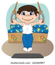 Illustration represents a child athlete doing artistic gymnastics on the rings, sports, games or competition, ideal for educational, sports and institutional materials
