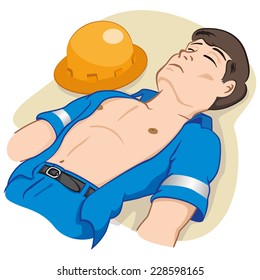 Illustration represents a fallen officer unconscious to the ground. Ideal for tutorials first aid and medical textbooks.