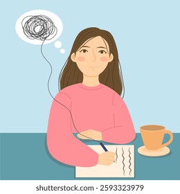 Illustration of represents the power of journaling in mental health. The tangled thoughts in her mind begin to untangle as she writes, symbolizing clarity and self-expression.