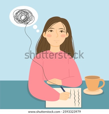 Illustration of represents the power of journaling in mental health. The tangled thoughts in her mind begin to untangle as she writes, symbolizing clarity and self-expression.