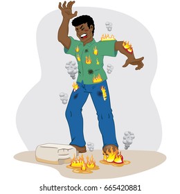 Illustration represents safety at work, Afro-descending worker man catching fire after an accident with inflammable product. Ideal for work safety and educational materials