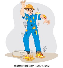 Illustration represents safety at work, worker man catching fire after an accident with inflammable product. Ideal for work safety and educational materials