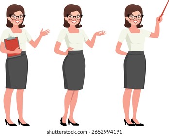 A ilustração representa um professor, trabalhador de escritório ou mulher profissional em um estilo vetorial plano e mínimo sem contornos. 