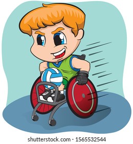 Illustration represents wheelchair boy practicing rugby, wheelchair sport. Ideal for sports and institutional materials