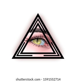 Illustration with a Reptilian Human eyes with all seeing eye symbol. Conspiracy theory Reptiloid paranormal surreal Vector Eps 10 illustrations