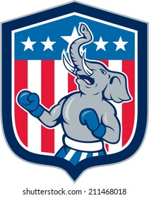 Illustration of a republican elephant boxer mascot of the republican party with stars and stripes in the background set inside shield crest done in cartoon style. 