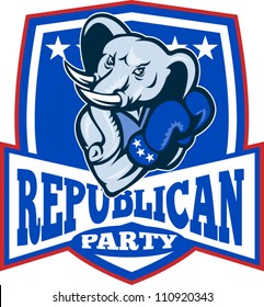 Illustration of a republican elephant mascot boxer boxing with gloves set inside shield done in retro style.