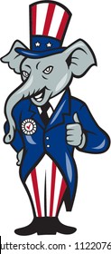 Illustration of a republican elephant mascot of the republican party wearing hat and suit thumbs done in cartoon style.