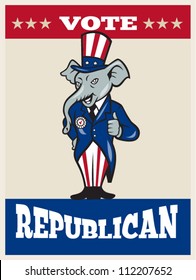 Illustration of a republican elephant mascot of the republican party wearing hat and suit thumbs done in cartoon style with words vote republican