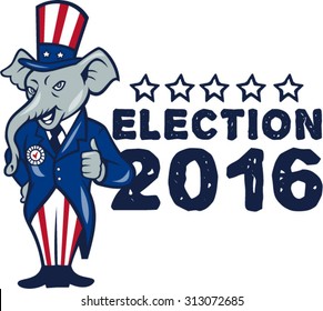 Illustration of a republican elephant mascot of the republican party standing wearing hat and suit thumbs set on isolated white background done in cartoon style with words Election 2016.